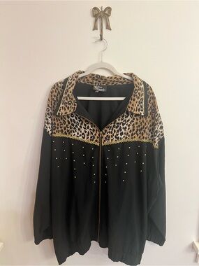 Vintage Silver Threads Bomber Jacket Womens 3XL Black Gold Studded Leopard Zip
